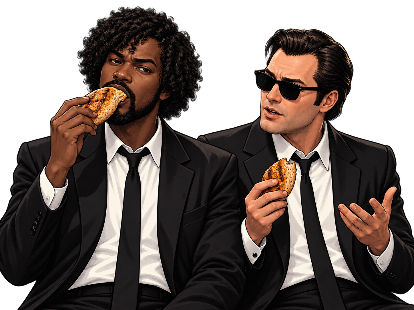 Two crime movie inspired characters eating chicken breast